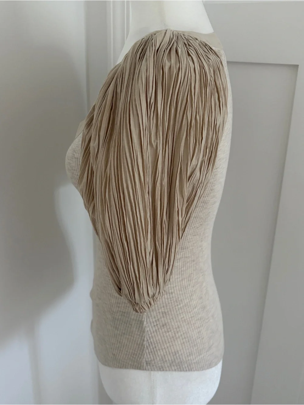 Ulla Johnson Sz S Ribbed Knit Top Pleated Puff Sleeves Beige Henley Boho*R16